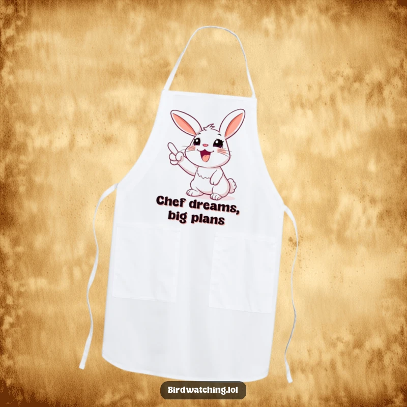 Funny rabbit apron, enthusiastically pointing at the sky while cooking, bringing joy to the kitchen. Great gift.