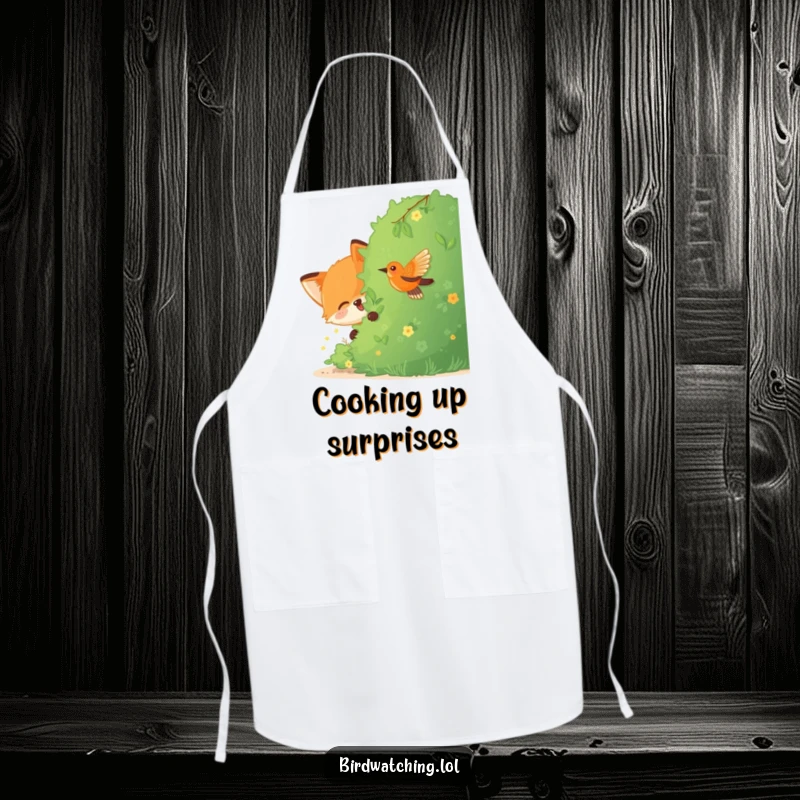 Funny Fox Apron: A joyful fox hiding behind a bush, watching a bird, a humorous kitchen accessory.