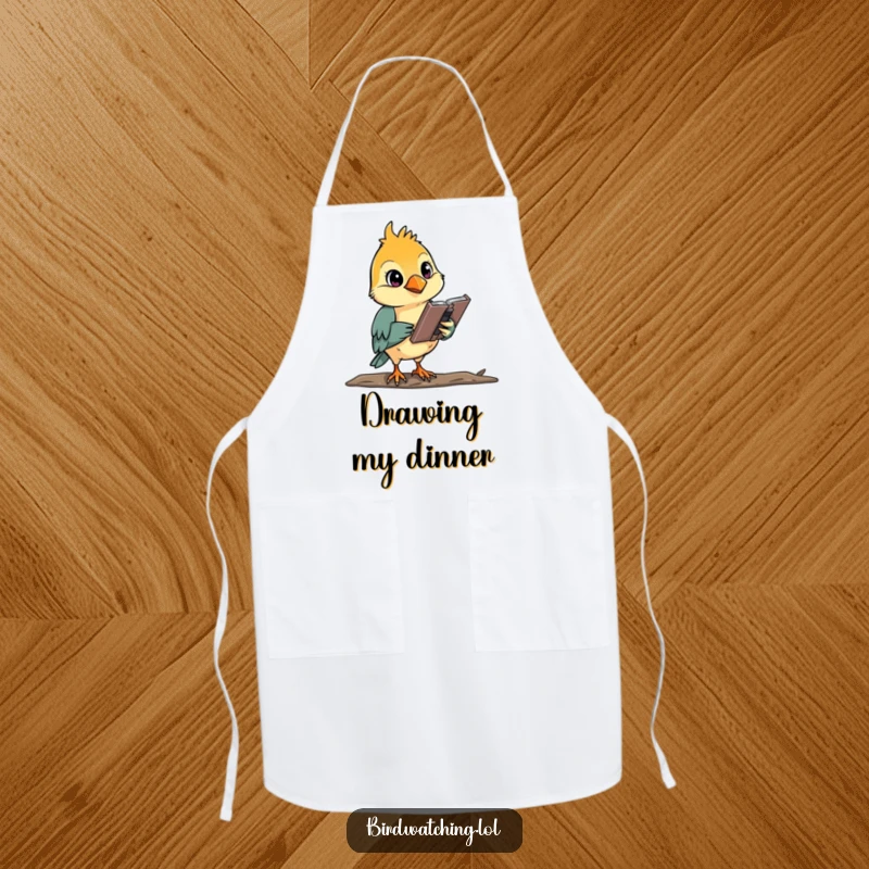 Funny, focused bird watcher sketching, ideal for kitchen creativity and artistic endeavors.