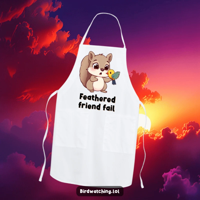 Funny apron with a surprised squirrel with wide eyes spotting a colorful bird, bringing a humorous element to any activity.