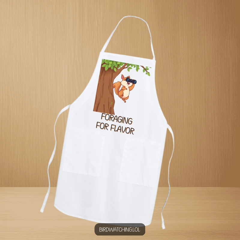 Funny Leaping Squirrel Apron: A funny and practical kitchen accessory with a leaping squirrel holding binoculars, adding adventure to cooking.