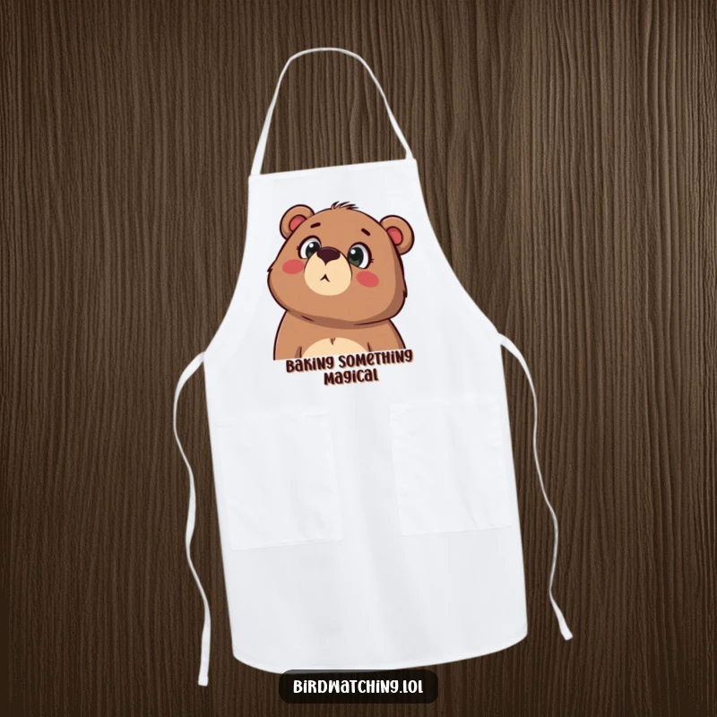 Funny apron with a determined bear looking upwards in wonder, mouth agape, a humorous and practical accessory for the kitchen.