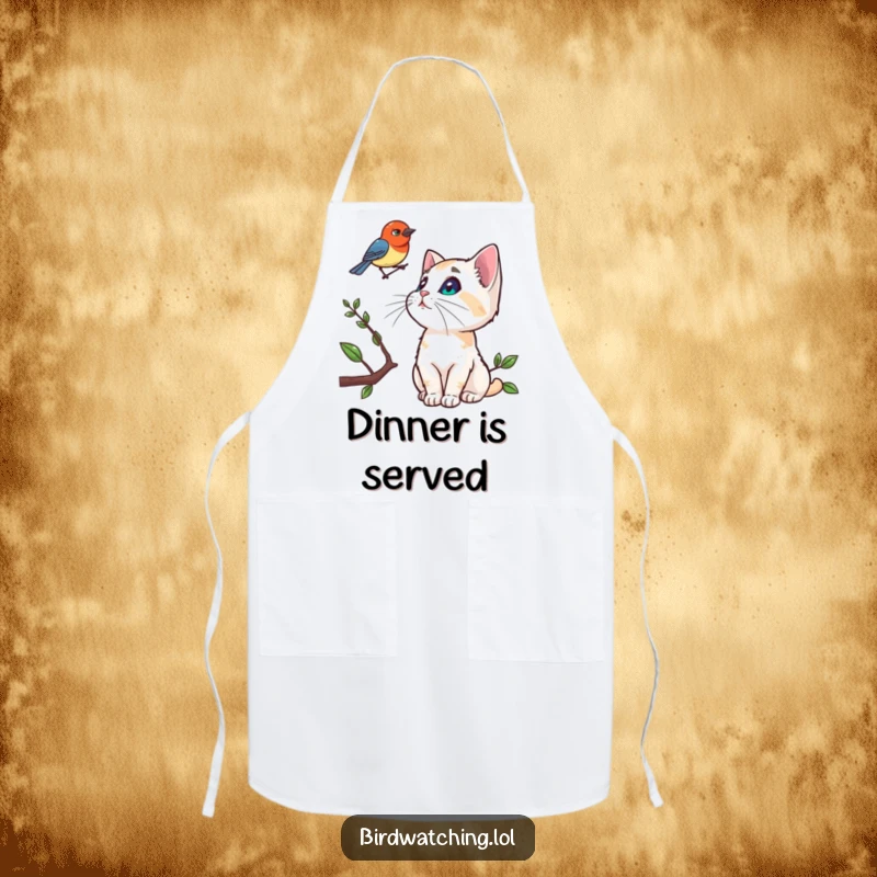 Funny apron with a curious cat watching a bird on a branch, suitable for cooks and cat enthusiasts.