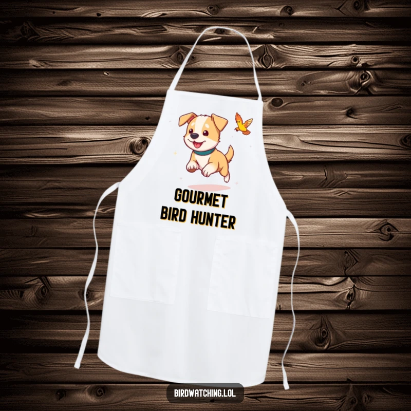 Funny dog apron, playfully chasing a bird, a humorous and functional kitchen accessory for pet lovers.