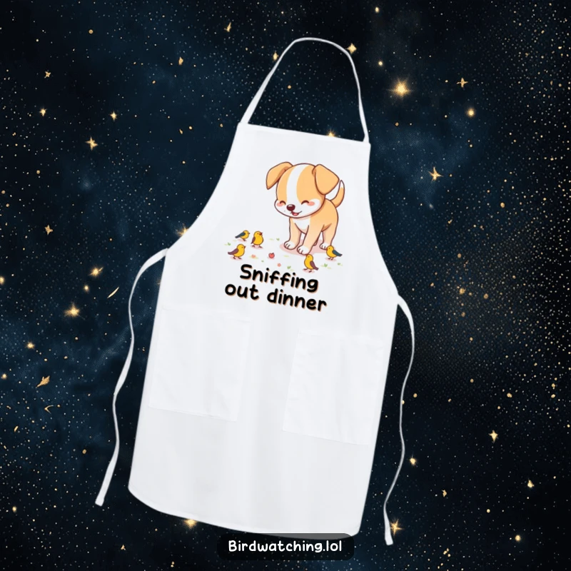Funny dog apron, a playful dog sniffing the ground with excitement, ready to 'hunt' for delicious ingredients.
