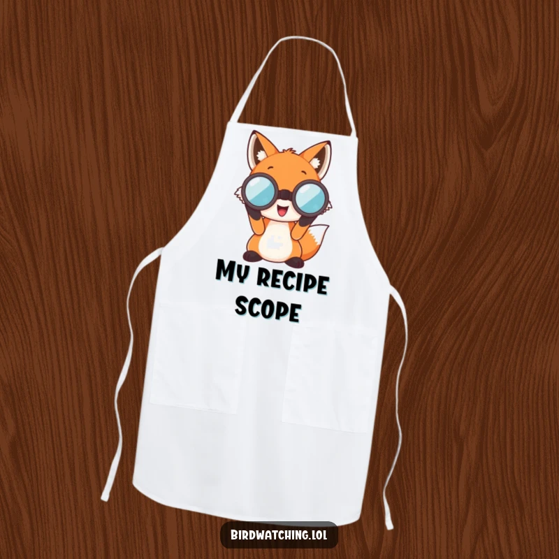 Funny Fox Apron: A happy fox character peering through oversized binoculars, designed for adventurous cooks.