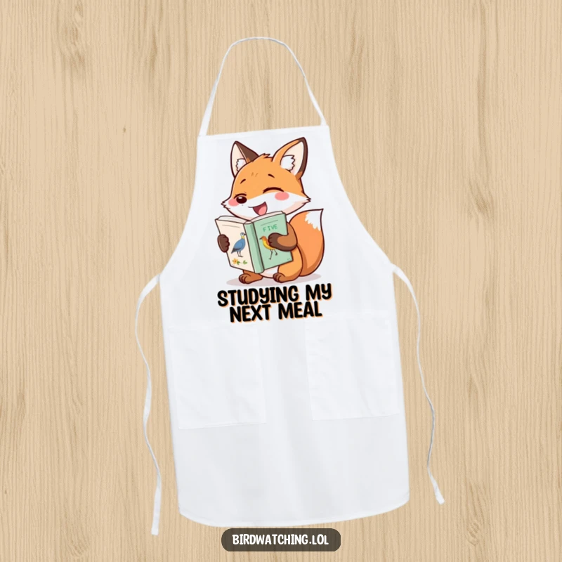 Funny apron with a giggling fox enthusiastically holding a bird identification book, ideal for cooks who love nature and humor.