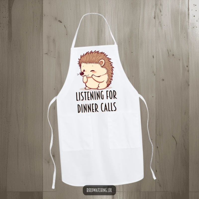 Funny listening hedgehog apron, cupped paws to ear, cooking and curiosity, humorous kitchen wear, perfect gift.