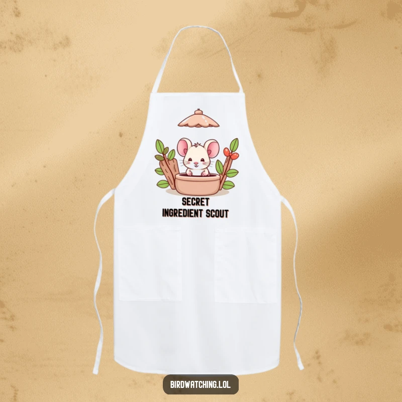Funny Mouse Apron: A silly mouse hides behind a bird feeder, ready for kitchen tasks. Humorous.