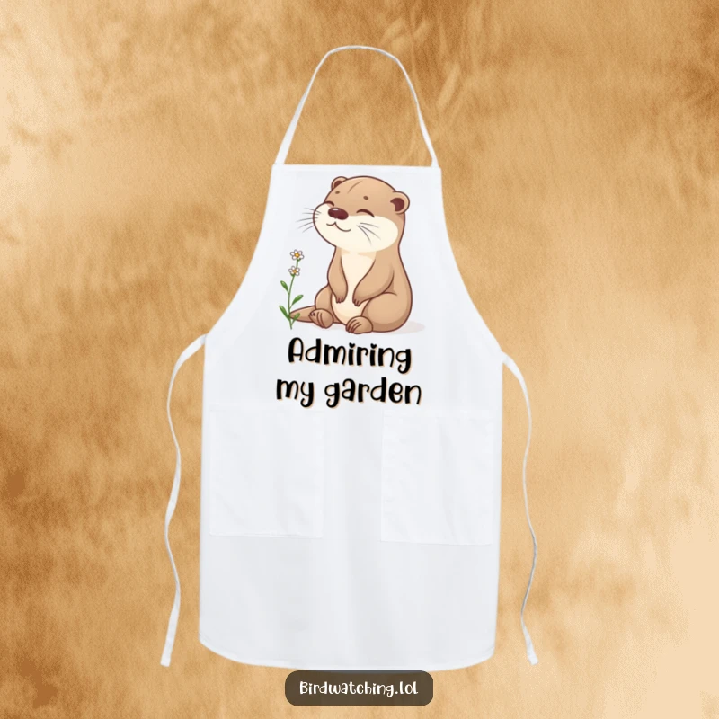 Funny content otter apron, sitting peacefully, observing flower, serene kitchen wear, perfect gift.