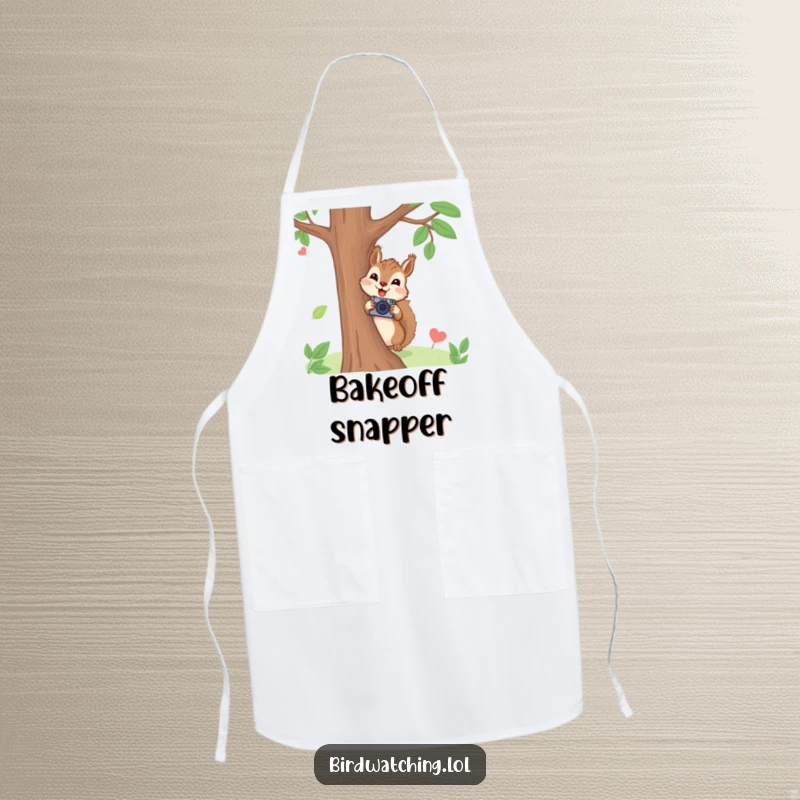Funny squirrel photographer apron with a joyful squirrel peeking from behind a tree holding a tiny camera, humorous kitchen wear and gift.