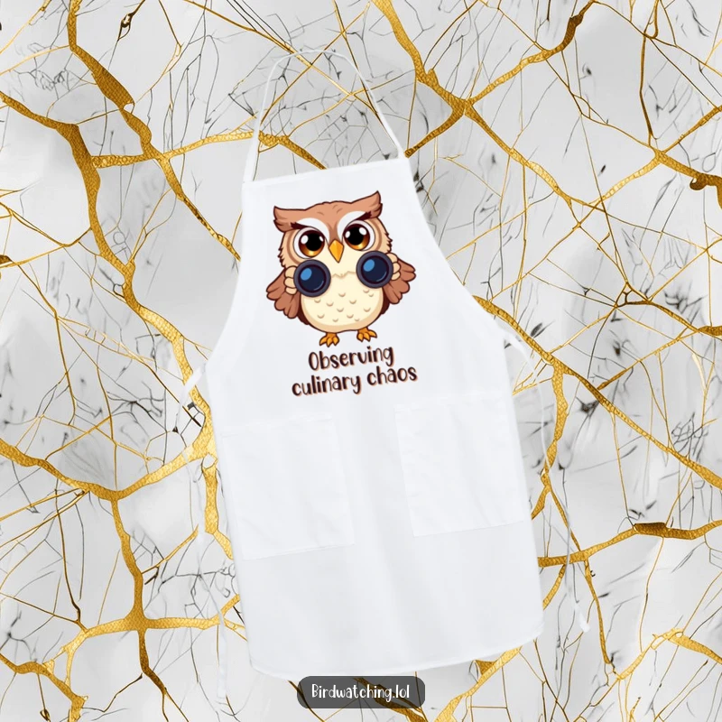 Funny Surprised Owl Apron: A funny and practical kitchen accessory with a surprised owl using binoculars, adding humor to cooking.
