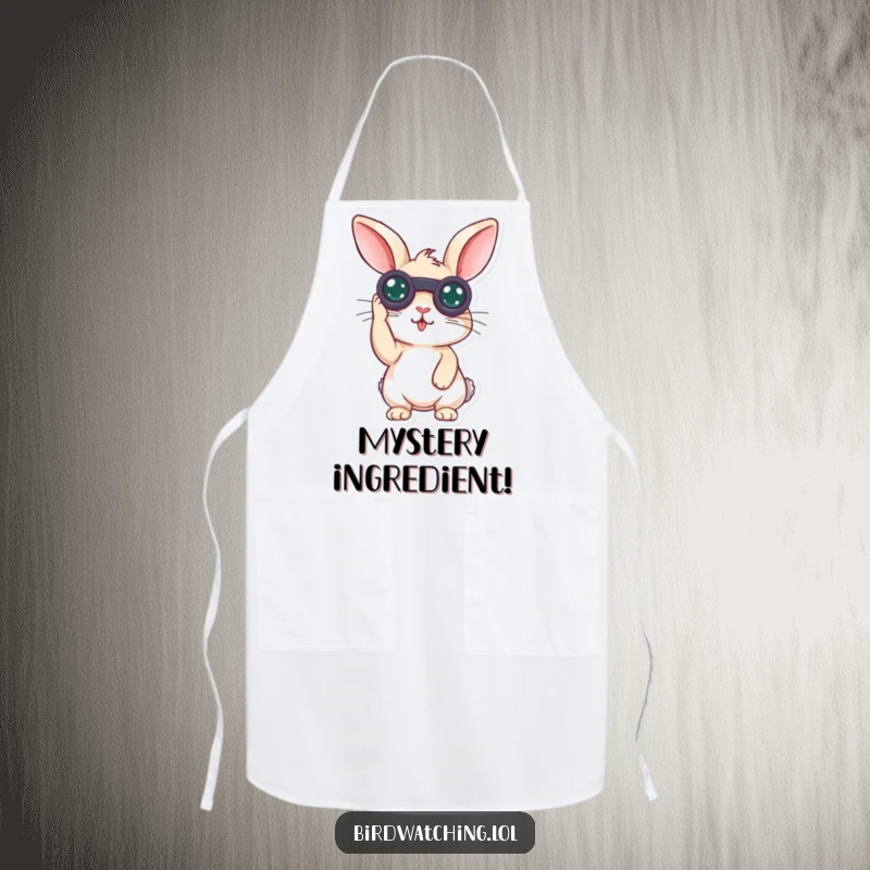 Funny surprised rabbit apron with a curious bunny holding binoculars, looking surprised, ideal for kitchen activities.