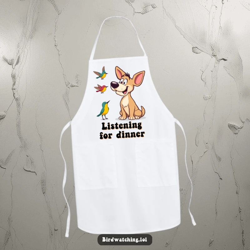 Funny Apron featuring a goofy dog tilting its head to listen to bird calls, ideal for humorous kitchen activities.