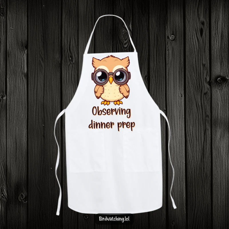 Funny curious owl apron with a happy owl peering through binoculars with wide, curious eyes, humorous kitchen wear and gift.