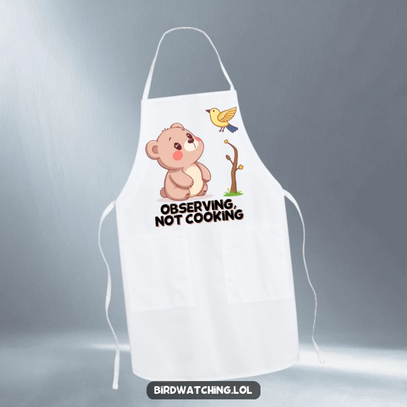 Funny apron with a curious bear observing a bird, perfect for kitchen duties, adding a humorous and charming touch, making it a delightful gift.
