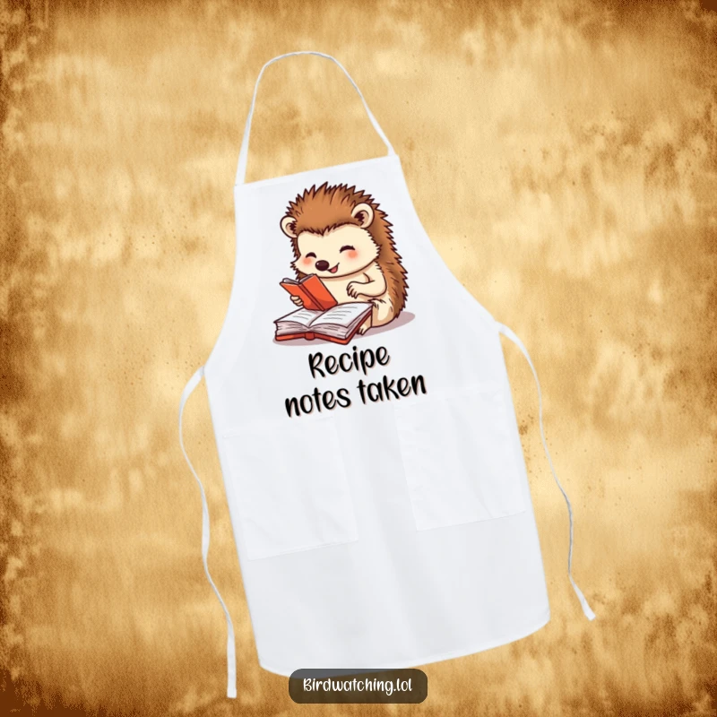 Funny apron with a happy hedgehog meticulously journaling, ideal for kitchen use, adding a touch of humorous precision and charm, a lovely gift.