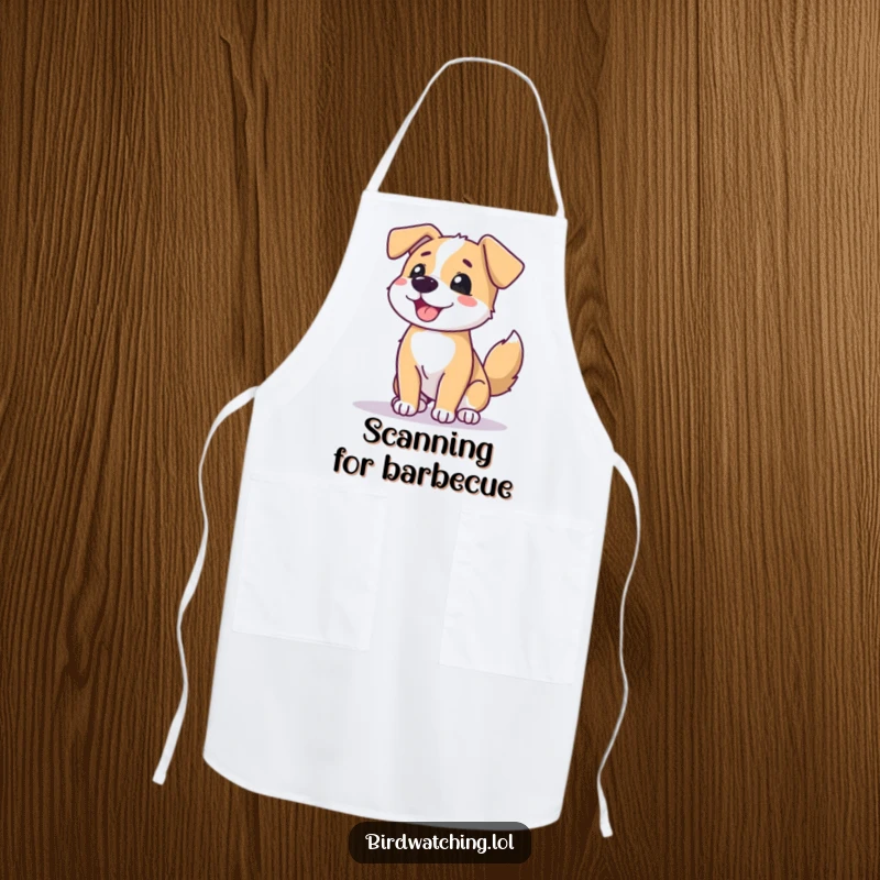 Funny dog horizon apron, beaming dog wagging tail, scanning, joyful cooking wear, perfect gift.