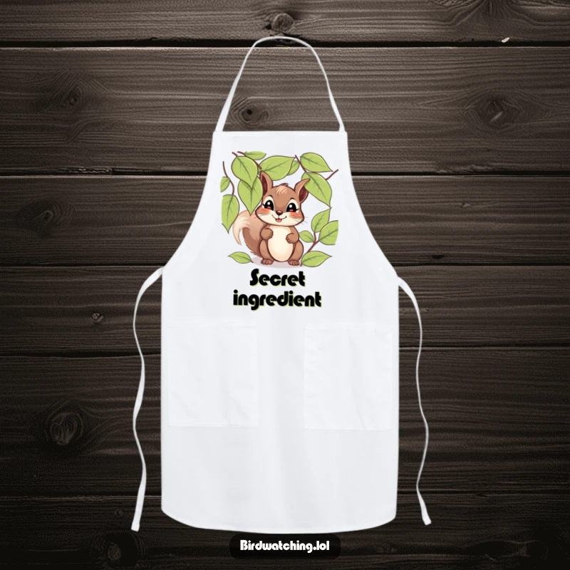 Funny giggling squirrel apron with a happy squirrel peeking through leaves, hopeful and giggling expression, ideal for kitchen.