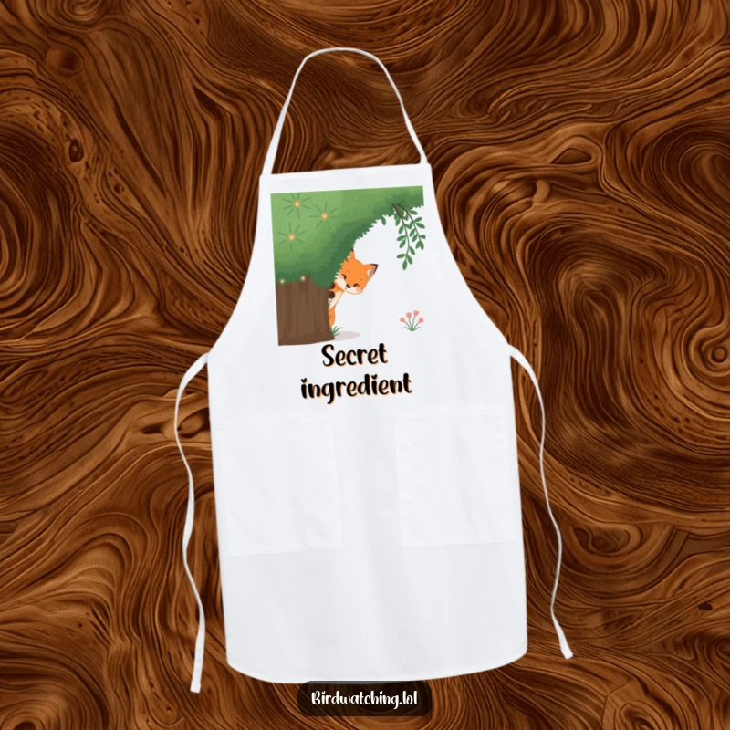 Funny curious fox apron, showing a sly fox peeking from behind a large bush, great for kitchen use.