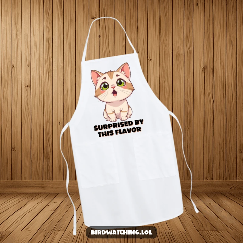 Funny surprised cat apron, looking up with wide eyes, reacting to kitchen chaos. Great gift for cooks.