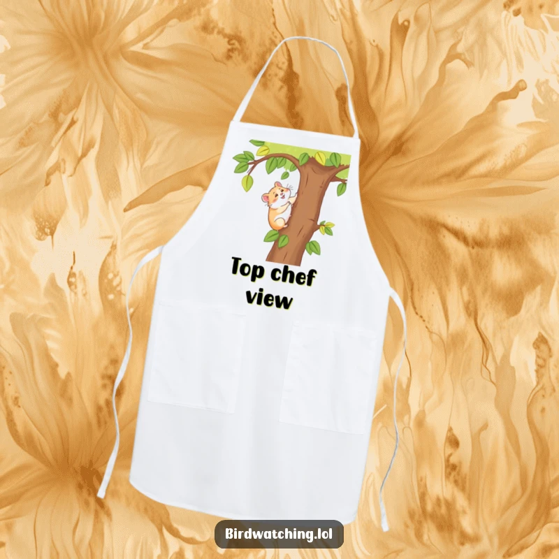 Funny happy hamster apron, showing a cheerful hamster climbing a tree for a better view, great for kitchen use.