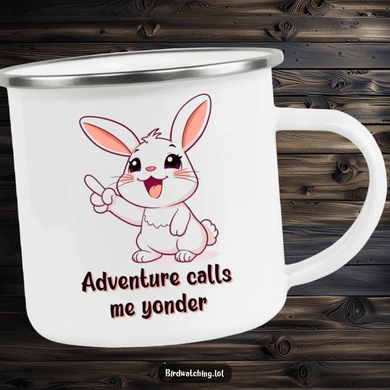 Funny rabbit camping mug, joyfully pointing at the sky during an outdoor adventure. Durable and fun.
