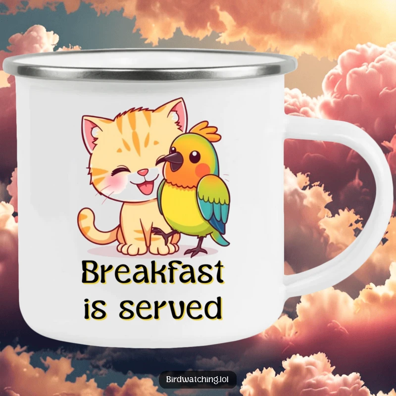 Funny cat stalking a colorful bird in the wilderness, durable and humorous enamel camping mug.