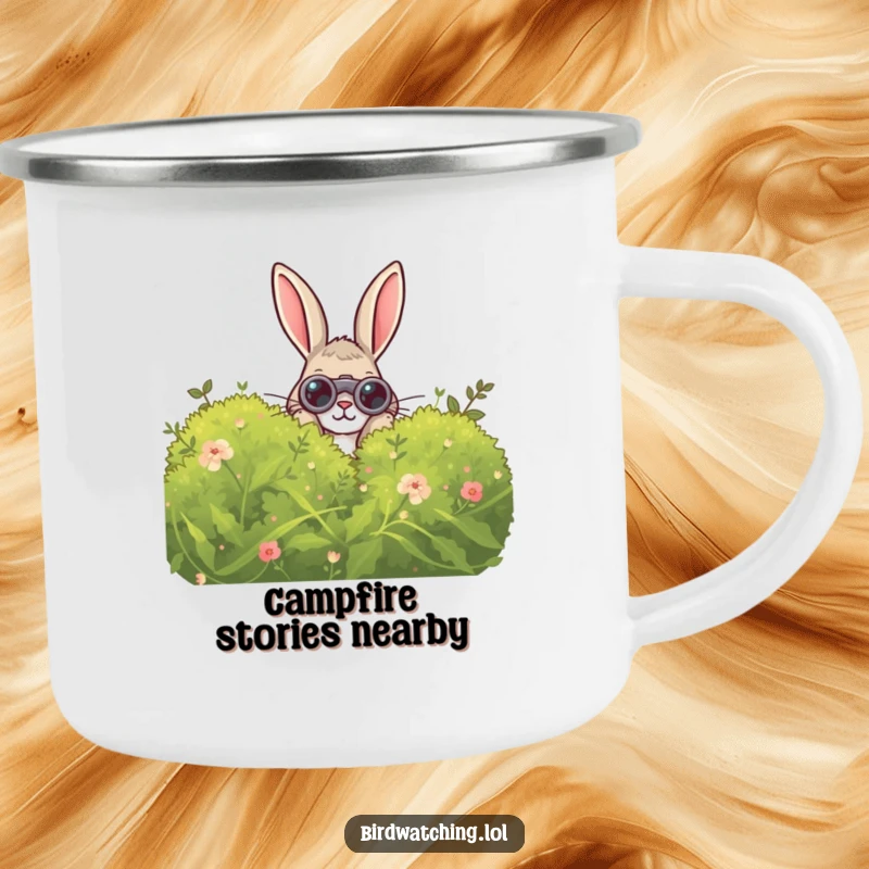 Funny Curious Rabbit Camping Mug: A durable and humorous mug with a curious rabbit holding binoculars, perfect for outdoor observation.