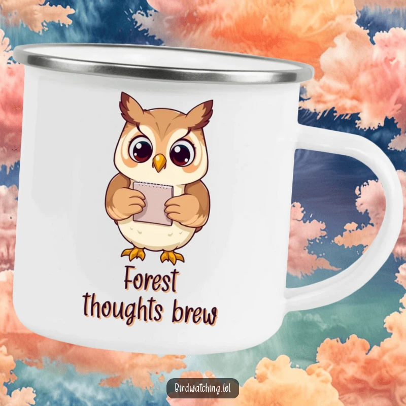 Funny proud owl camping mug featuring an owl with a notepad, perfect for rugged thinkers and outdoor humor, a durable gift.