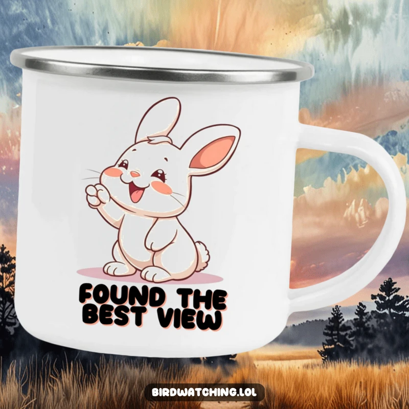 Funny rabbit camping mug, giggling and pointing excitedly, celebrating outdoor fun and surprises.