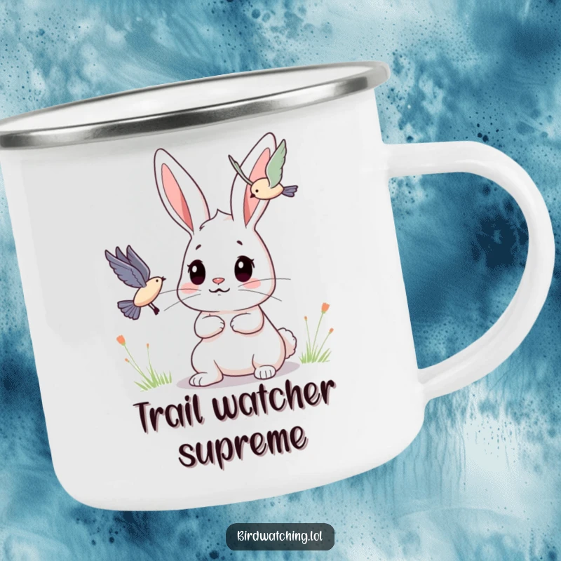 Funny Bunny Camping Mug: Determined bunny observing a flying creature, perfect for outdoor drinks. Hilarious.