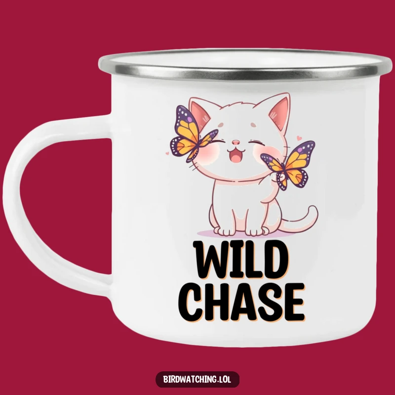 Funny Cat Enamel Camping Mug: Giggling Chase Outdoors