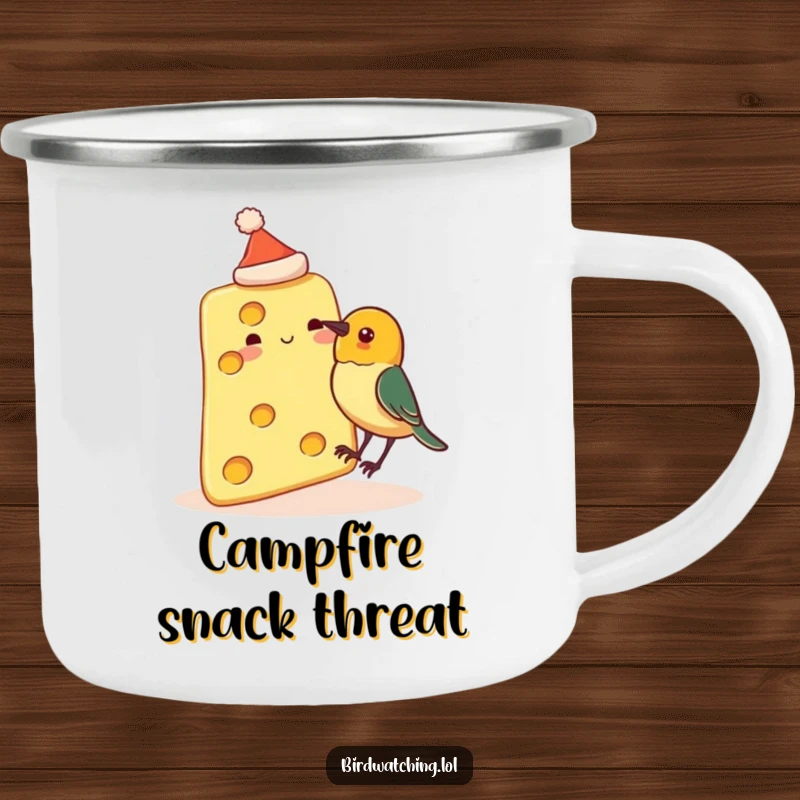 Funny enamel camping mug with a slice of cheese wearing a tiny hat, about to be pecked by a curious bird, perfect for outdoor humor.
