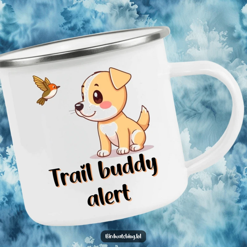 Funny dog with alert ears spotting a bird, ready for outdoor adventures, humorous enamel mug.
