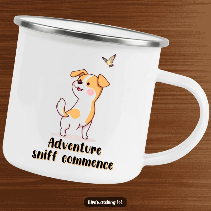 Funny Dog Camping Mug: Hopeful dog wagging its tail, spotting a bird, perfect for outdoor drinks. Hilarious.
