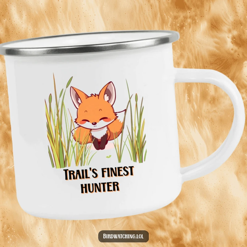 Funny camping mug with a smiling fox creeping stealthily through grass, focused and adventurous, durable and humorous for outdoor use, great gift.
