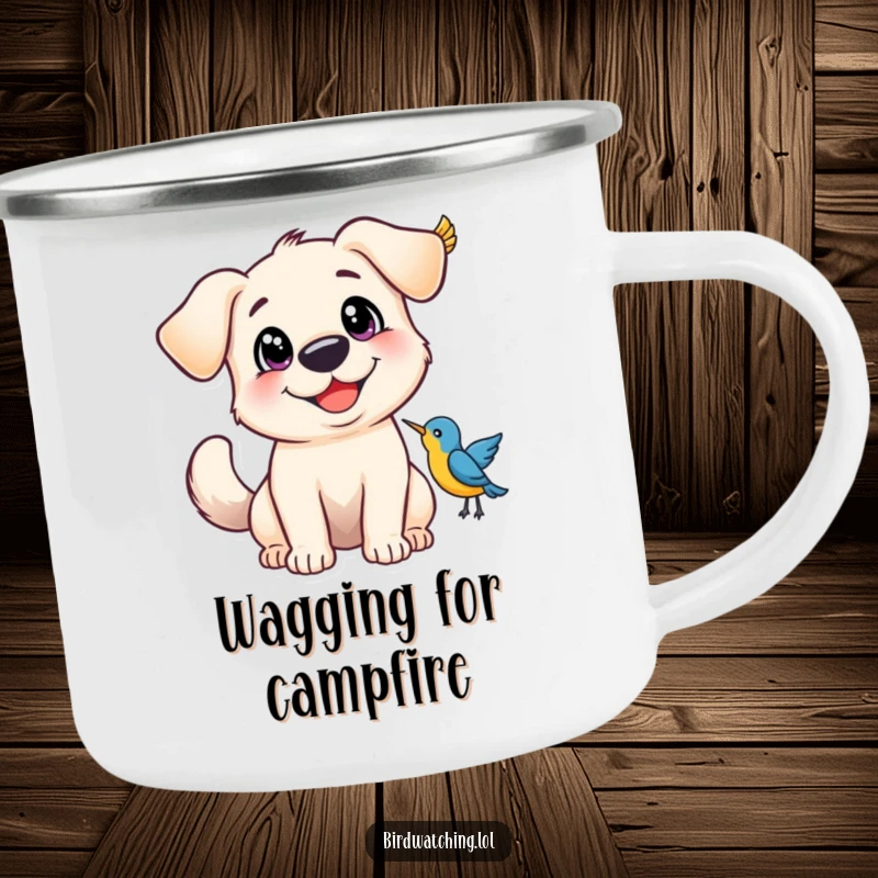 Funny Camping Mug with a happy dog, wide eyes and wagging tail, excited by a bird, for outdoors.