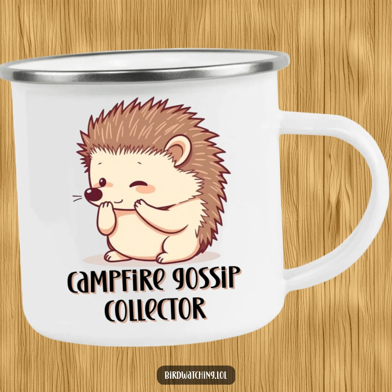 Funny hedgehog camping mug, cupped paws to ear, listening intently outdoors, durable and humorous, great gift.