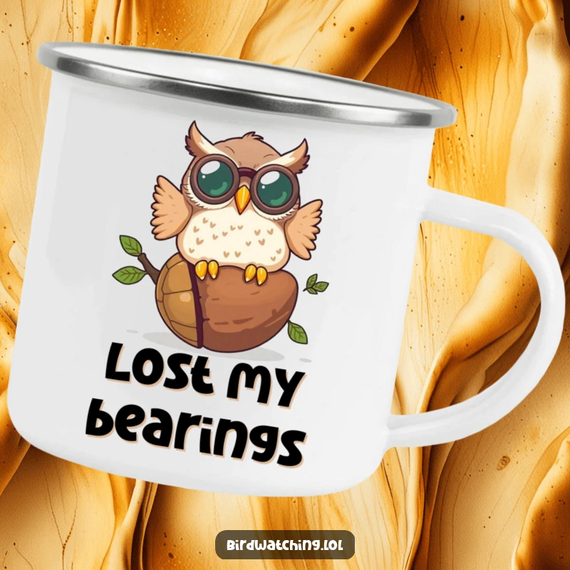 Funny enamel camping mug with a plump owl wearing binoculars crashing into a giant acorn, perfect for outdoor humor.