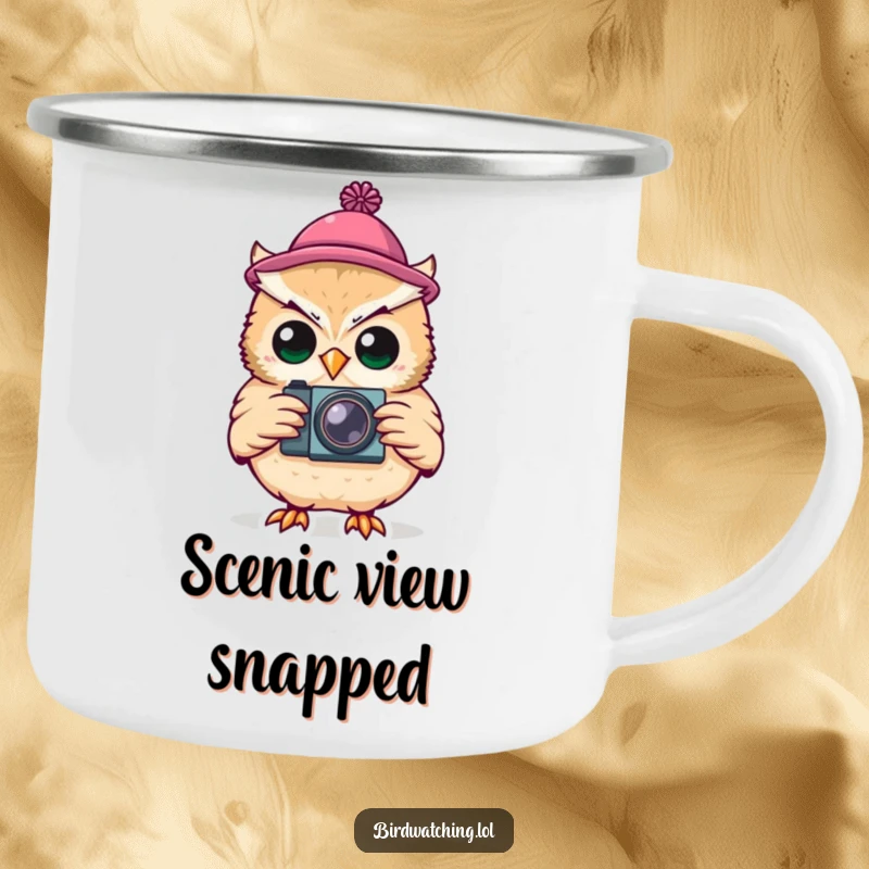 Funny Camping Mug: A silly owl wearing a tiny hat, holding a camera, perfect for outdoor photography.