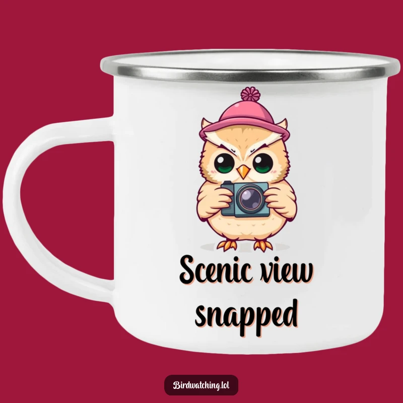 Funny Silly Owl Photographer Camping Mug: Tiny Hat, Outdoor Gift
