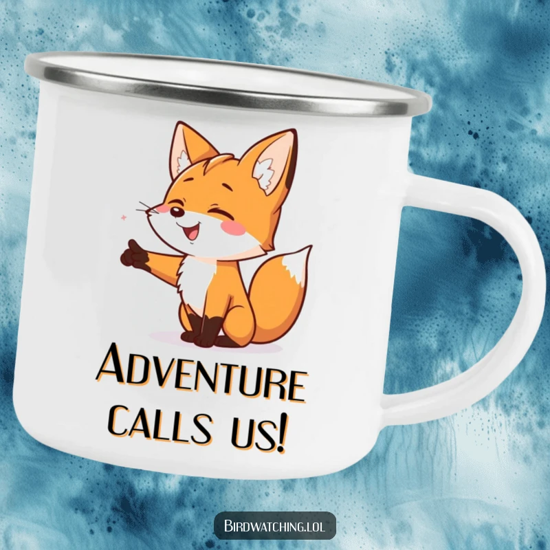 Funny Smiling Fox Camping Mug: A durable and humorous mug with a smiling fox pointing excitedly, perfect for outdoor enthusiasts.