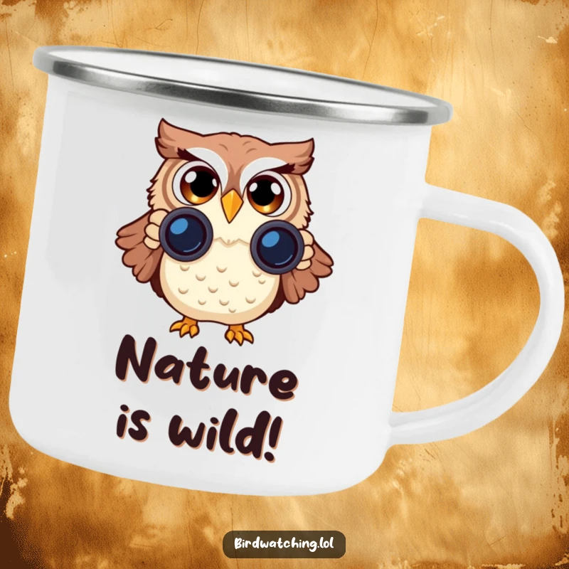 Funny Surprised Owl Camping Mug: A durable and humorous mug with a surprised owl using binoculars, perfect for outdoor enthusiasts.