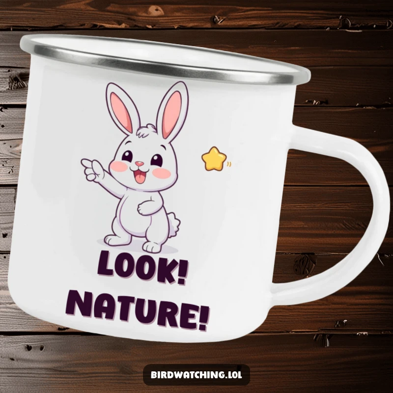Funny camping mug with a cheerful bunny pointing excitedly, ready for adventure, a durable and humorous item for outdoor enthusiasts.