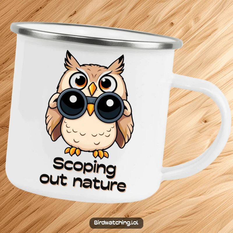 Funny camping mug depicting a surprised owl with wide eyes, holding binoculars for spotting wildlife.