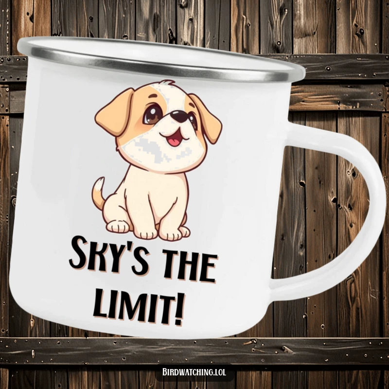 Funny Playful Puppy Camping Mug: A durable and humorous mug with a happy puppy wagging its tail, perfect for outdoor fun.