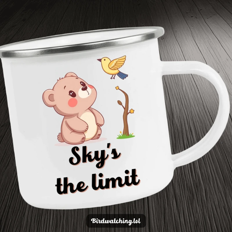 Funny camping mug featuring a bear's curious gaze at a bird, designed for adventure and adding a touch of humor to outdoor experiences, a fantastic gift.