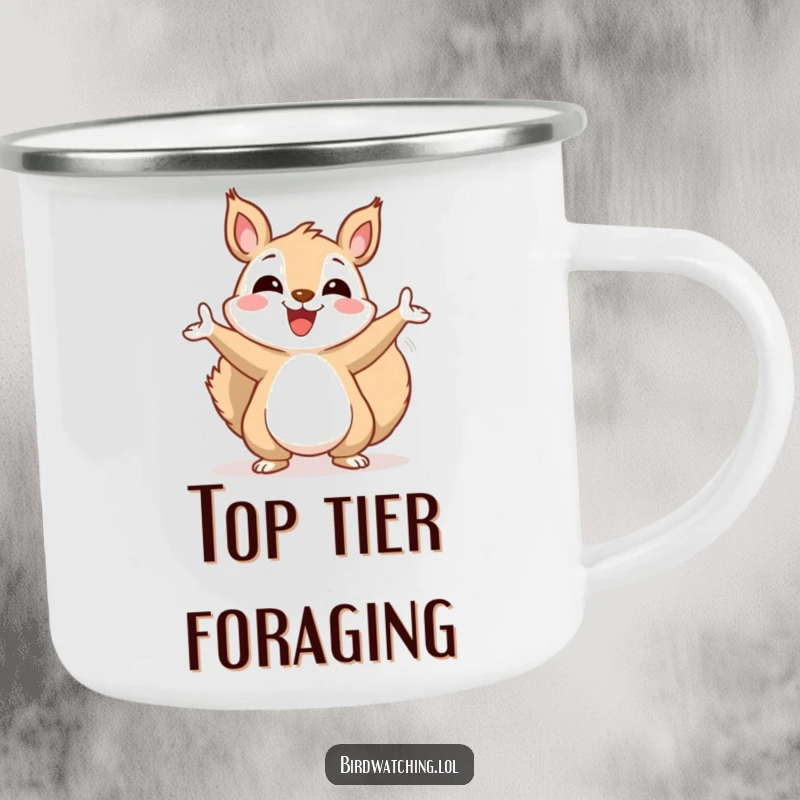Funny squirrel camping mug, joyfully gesturing towards the sky, celebrating outdoor adventures and enthusiasm.
