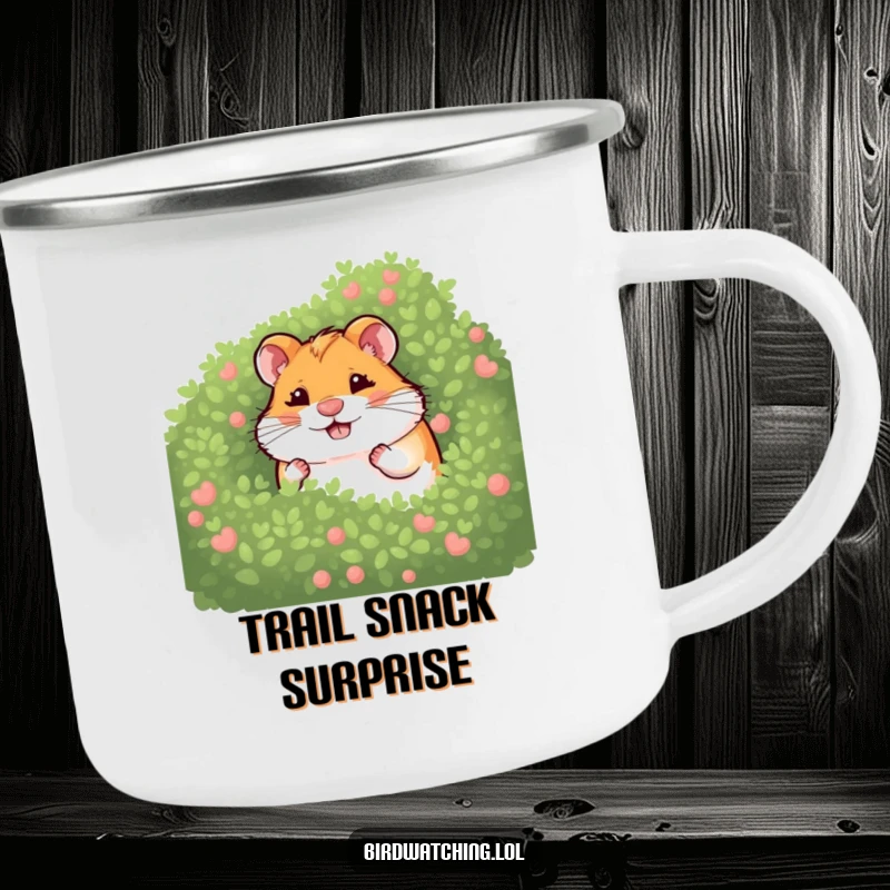 Funny giggling hamster camping mug with a hamster hiding behind a bush, perfect for playful outdoor moments and cute humor, a durable gift.